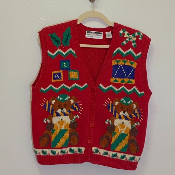 Vintage Jennifer Moore - Christmas V-Neck Vest Hand Knit - size M - Picture 1 of 10